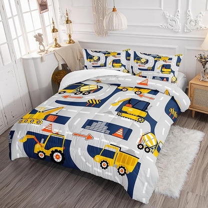 Axolotl Cartoon Excavator Bedding Set Full,Tractor Truck Bedding Set,Boys Construction Bedding Set,Yellow Vehicles Truck Comforter Construction Site Decor for Kids Boys Teens,1 Quilt 2 Pillowcases