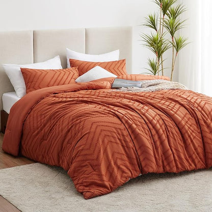 CozyLux King Size Comforter Set Burnt Orange - 3 Pieces Terracotta Boho Tufted Shabby Chic Bedding Comforter Set for All Seasons, Chevron Bedding Sets with Comforter & 2 Pillow Shams