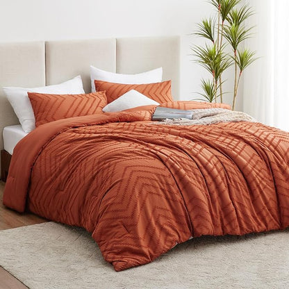 CozyLux Full Size Comforter Set Burnt Orange - 3 Pieces Terracotta Boho Tufted Shabby Chic Bedding Comforter Set for All Seasons, Chevron Bedding Sets with Comforter & 2 Pillow Shams