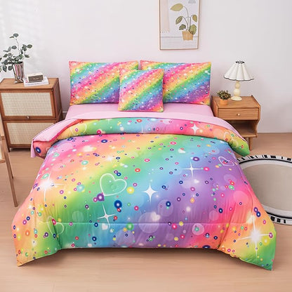 Full Size Comforter Sets for Girls, Kids Bedding Sets for Girls, Rainbow Comforter Full, 6 Pcs Bed in a Bag Girls (1Comforter, 1Flat Sheet, 1Fitted Sheet, 1 Pillow Cover, 2Pillowcases)