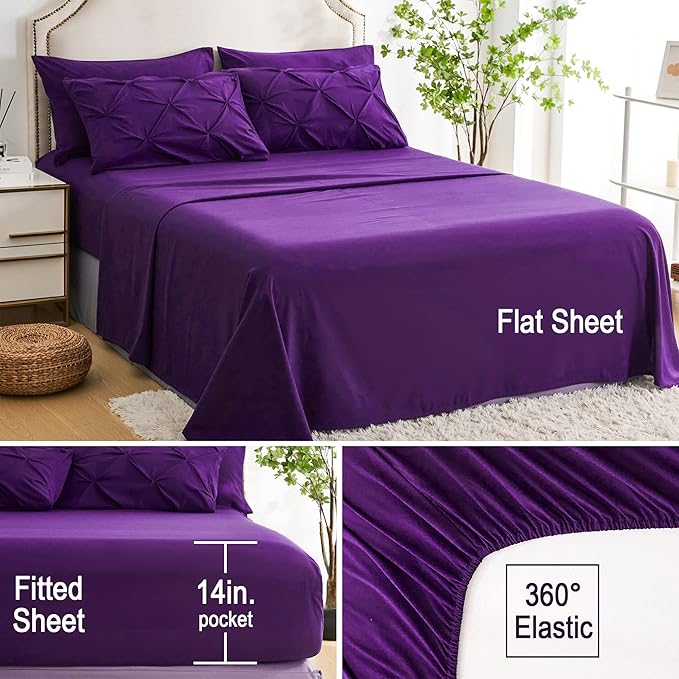 Ubauba 7pc Full Size Comforter Set with Sheets, Purple Pintuck 7 Pieces Bed in a Bag with Comforter, All Season Bedding Comforters & Sets (Purple,Full)
