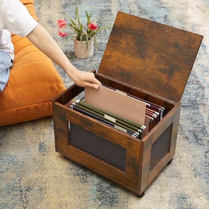 Rolling File Cabinet Cart, Hanging File Organizer Box with Lid for Home Office, Small Filing Cabinet on Wheels Under Desk, Mobile Decorative Document Storage Basket for Letter & Legal Size