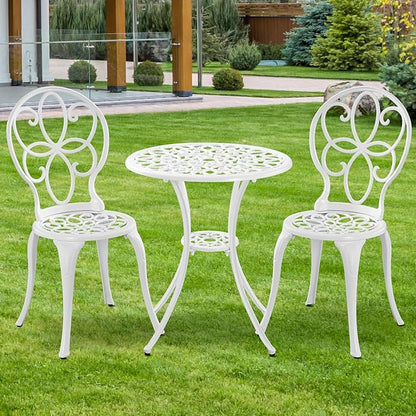 Patio Bistro Sets, Cast Aluminum Bistro Table and Chairs Set of 2 with Umbrella Hole, Bistro Set 3 Piece Outdoor, Metal Patio Furniture Set for Garden Porch, White