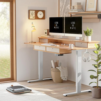 BANTI Height Adjustable Electric Standing Desk with 4 Drawers, 63 x 24 Inch Table with Storage Shelf, Sit Stand Desk, Light Rustic Brown Top