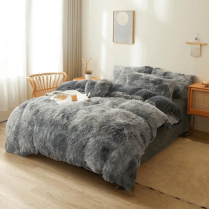 Tie dye Dark Gray Plush Fluffy Comforter Cover Set Queen - Ultra Soft Faux Fur tie dye Bedding Sets 3 Pieces (1 Shaggy Duvet Cover + 2 Pillow case) Fluffy Bed Set (Tie Dye Dark Gray, Queen)
