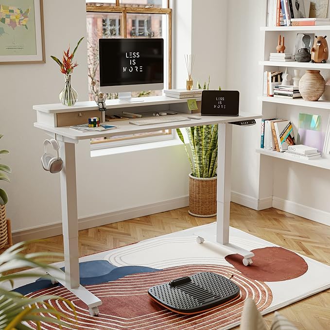 FEZIBO 40 x 24 Inch Height Adjustable Electric Standing Desk with Double Drawer, Stand Up Desk with Storage Shelf, Sit Stand Desk, White