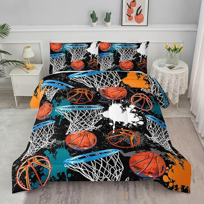 Axolotl Basketball Comforter Set Twin,Sports Comforter Set,Basketball Bedding Set,Sports Theme Comforter Set,Grunge Bedding Aesthetic Cool Style for Boys Kids Men,1 Quilt 2 Pillowcases,Black Blue