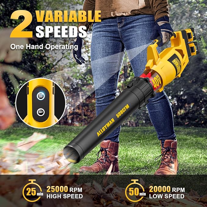 ALLOYMAN 40V Max Cordless Leaf Blower,500CFM Dual Battery Driven Blower with 2 * 4.0Ah Batteries & Fast Charger,2 Variable Speed Lightweight Battery Powered Leaf Blowers for Lawn Care/Snow Blowing