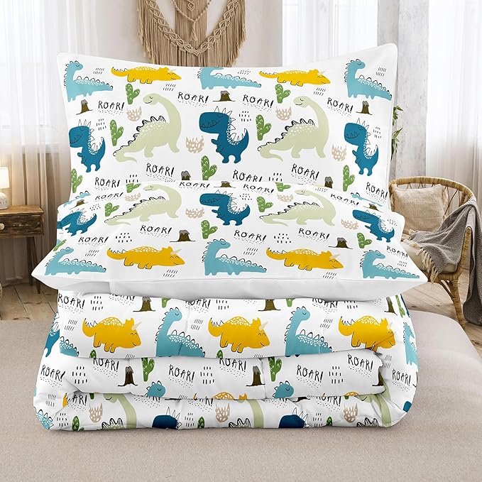 NINENINE Dinosaur Bedding Set for Kids,Twin Comforter Sets for Kids Boys,Blue Dinosaur Comforter Sets Cute Bed Set with 1 Comforter 1 Pillowcase