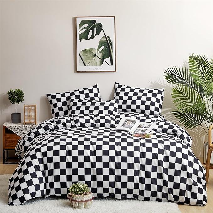 Wellboo Black White Plaid Comforter Sets Queen Women Men Black and White Checkerboard Grid Bedding Comforters Cotton Boys Girls Modern Black Checkered Geometric Quilts Luxury Abstract White Bedding