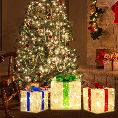 [Large 8.5"x7"x6" Christmas Set of 3 Lighted Gift Boxes Decorations Pre-lit 70 Super-Bright LED with Flashers,for Indoor Outdoor Christmas Tree Skirt Ornament Pathway Holiday Party Home