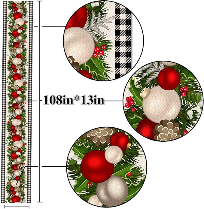 Nepnuser Black and White Gingham Christmas Table Runner 108 Inches Long Buffalo Check Plaid Xmas Decoration Holiday Home Kitchen Decor