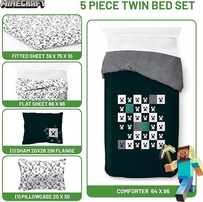 Minecraft Creeper Twin Comforter Set - 5 Piece Gamer Bedding includes Sheet Set & Pillow Covers - Super Soft Checkered Kids Bedding