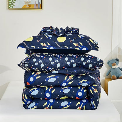 Mooreeke Bed in a Bag for Kids Girls Teens, 7 Pieces Full Size Comforter Bed Set with Shams, Sheet Set, Space Planet Blue Black Soft Microfiber Kids Comforter Bedding Set
