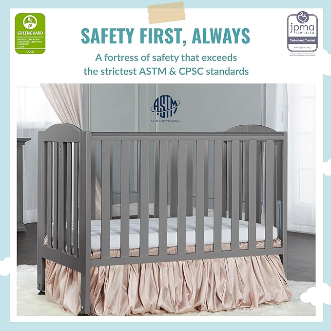 2-in-1 Portable Folding Stationary Side Crib in Storm Grey, Greenguard Gold Certified, Two Adjustable Mattress Height Positions,Made of Solid Pinewood, Flat Folding Crib