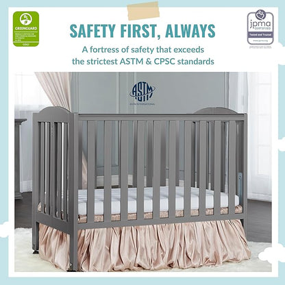 2-in-1 Portable Folding Stationary Side Crib in Storm Grey, Greenguard Gold Certified, Two Adjustable Mattress Height Positions,Made of Solid Pinewood, Flat Folding Crib