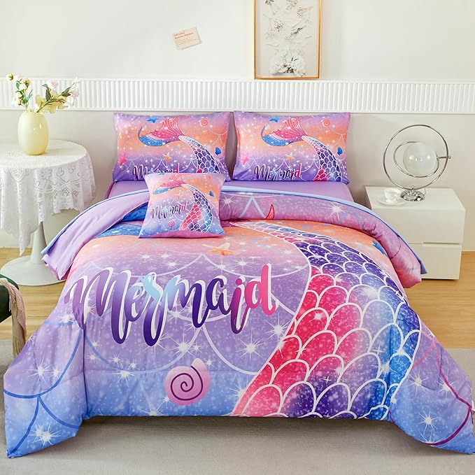 RYNGHIPY Full Bed in a Bag for Kids Teens Girls 6 Pieces, Soft Bedding for All Seasons, Cute Mermaid Tail Kids Bedding Set, Leightweight Girls Fluffy Bed Set