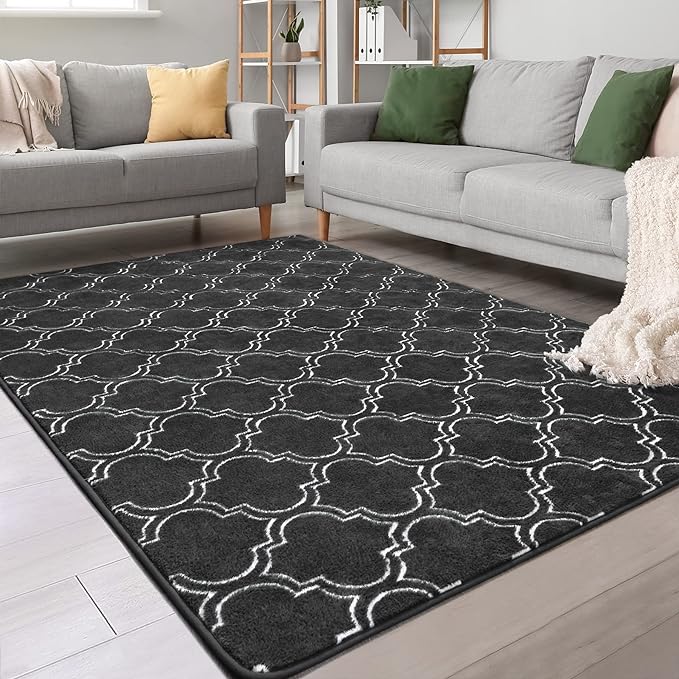 Chicrug Shag Geometric Modern Area Rug for Bedroom, 3x5 Feet Memory Foam Indoor Carpet, Fluffy Rug for Living room Bedside Room Decor for Family Girls Kids Nursery Play Mat, Dark Grey/White