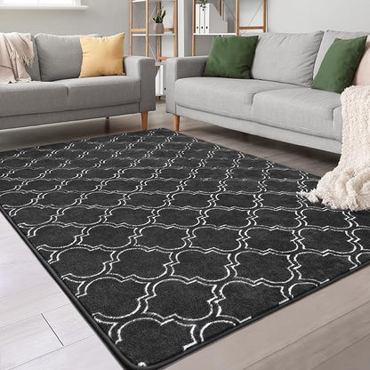 Chicrug Shag Geometric Modern Area Rug for Bedroom, 3x5 Feet Memory Foam Indoor Carpet, Fluffy Rug for Living room Bedside Room Decor for Family Girls Kids Nursery Play Mat, Dark Grey/White