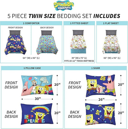Franco Kids Bedding Super Soft Comforter and Sheet Set with Sham, 5 Piece Twin Size, Spongebob Squarepants