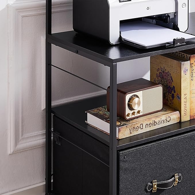 VECELO Mobile Lateral File Cabinet Rolling Printer Stand with 3 Open Storage Shelf, Ideal for Letter Size Folders, with Lockable Casters, Strong Steel Frame, Perfect for Office, Black, 2 Drawer