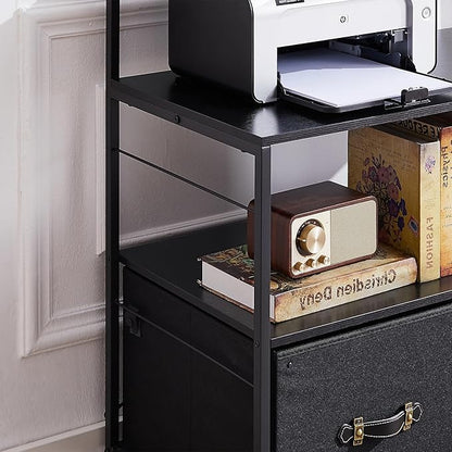 VECELO Mobile Lateral File Cabinet Rolling Printer Stand with 3 Open Storage Shelf, Ideal for Letter Size Folders, with Lockable Casters, Strong Steel Frame, Perfect for Office, Black, 2 Drawer