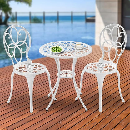 Patio Bistro Sets, Cast Aluminum Bistro Table and Chairs Set of 2 with Umbrella Hole, Bistro Set 3 Piece Outdoor, Metal Patio Furniture Set for Garden Porch, White