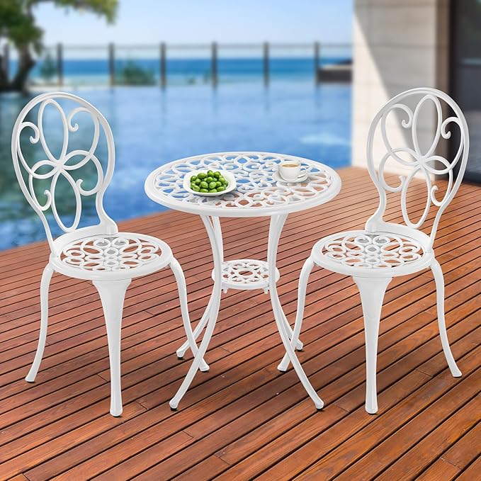 3 Piece Cast Aluminum White Bistro Set Outdoor Bistro Table and Chairs Set of 2,Metal Bistro Patio Table Set with Umbrella Hole,Patio furniture Set for Garden,Front Porch.