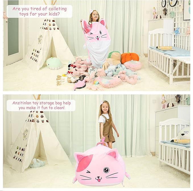 Cute Cat Bean Bag Chair for Kids, Pink Stuffed Animal Storage Beanbag Chairs for Girls Room Decor, Extra Large Size, Velvet Super Soft Cover Only
