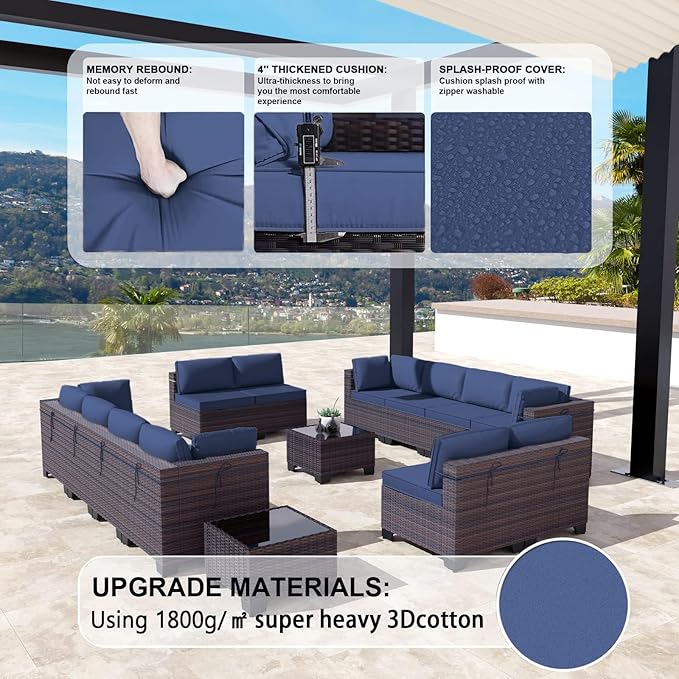 Kullavik 14PCS Outdoor Patio Furniture Set PE Wicker Rattan Sectional Sofa Patio Conversation Sets,Navy blue