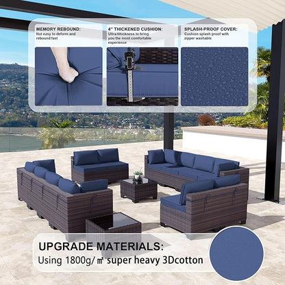 Kullavik 14PCS Outdoor Patio Furniture Set PE Wicker Rattan Sectional Sofa Patio Conversation Sets,Navy blue