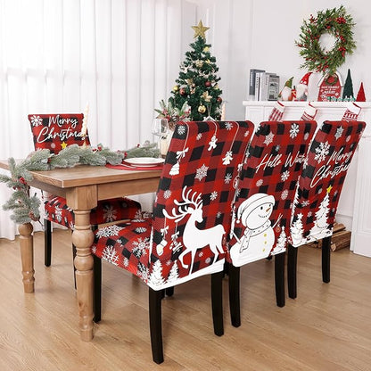 U'Artlines Christmas Chair Covers Set of 6, Removable Washable Merry Christmas Dining Chair Seat Covers Stretch Protector Slipcovers for Dining Room Kitchen Holiday Party Decor, Red Buffalo Plaid