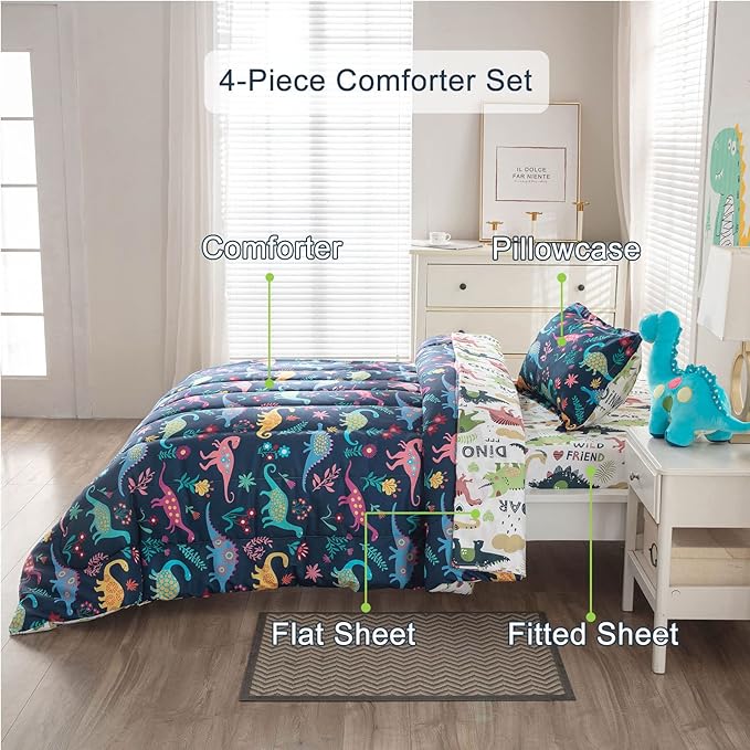 Dinosaur Twin Comforter Set for Boys Girls 4-Piece Dino Kids Bedding Sets Ultra Soft Cartoon Bedroom Set - Include Reversible Comforter, Flat Sheet, Fitted Sheet and Pillowcase, Blue