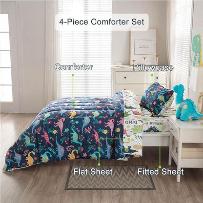 Dinosaur Twin Comforter Set for Boys Girls 4-Piece Dino Kids Bedding Sets Ultra Soft Cartoon Bedroom Set - Include Reversible Comforter, Flat Sheet, Fitted Sheet and Pillowcase, Blue