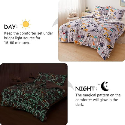 Mooreeke Glow in The Dark Twin Plush Fleece Comforter Bed Set, Soft & Warm 2 Piece Bed in A Bag with Sham, Velour Velvet Grey Excavator Highway Boys Kids Bedding Set, Fluffy Fuzzy Polar Cozy
