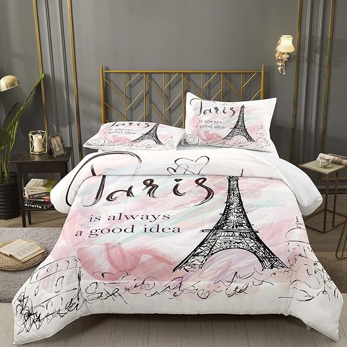 Bodhi Full Size Paris Comforter Set,Girls Pink bedding set,Cartoon eiffel tower Comforter Set,Girls Comforter with Matching Pillowcase,Pink Girls Bed Set Full Size