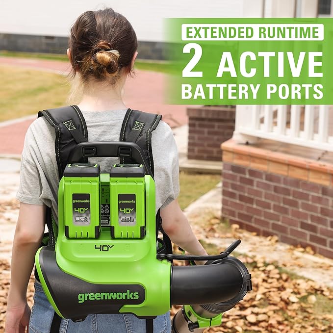 Greenworks 40V (175 MPH / 710 CFM) Dual Port Cordless Brushless Backpack Leaf Blower, (2) 8.0Ah Battery and Charger Included