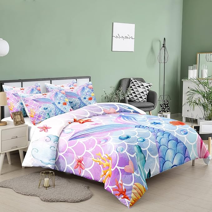 NINENINE Full Size Bedding Sets 5PCS Girls Mermaid Comforter Set Princess Toddler Bedding Sets Glitter Comforter Set(1Comforter, 1Flat Sheet, 1Fitted Sheet, 2Pillowcases)…