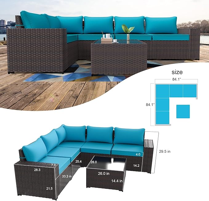Kullavik 6PCS Outdoor Patio Furniture Set PE Wicker Rattan Sectional Sofa Patio Conversation Sets,Blue