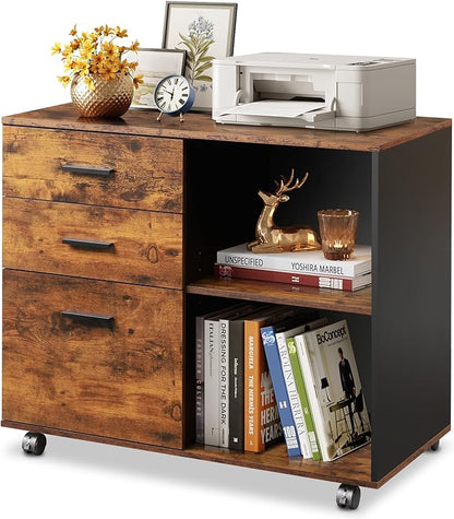 DEVAISE 3-Drawer Wood File Cabinet, Mobile Lateral Filing Cabinet, Printer Stand with Open Storage Shelves for Home Office, Rustic Brown