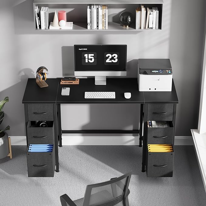55'' Office Desk with 6 Fabric File Drawers - File Drawer Organization, Computer Work Desk, Study Writing Table, Home Office Workstation, Black.