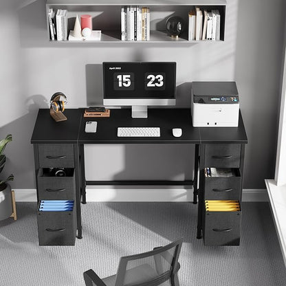 55'' Office Desk with 6 Fabric File Drawers - File Drawer Organization, Computer Work Desk, Study Writing Table, Home Office Workstation, Black.