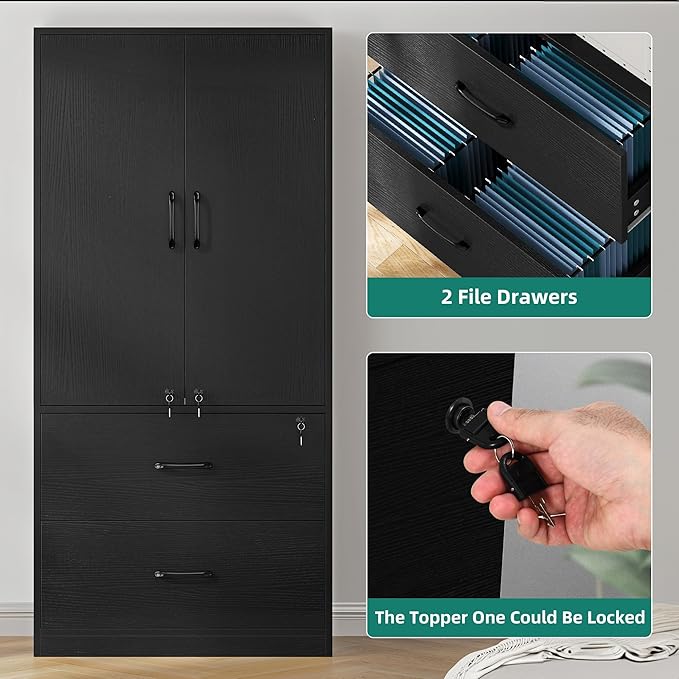 YITAHOME Wood File Cabinets, Heavy Duty Garage Tool Cabinets with Doors & Adjustable Shelves, Big Storage Filing Lockers for Home Office, Living Room, Pantry, Gym, Basement, Warehouse, Black