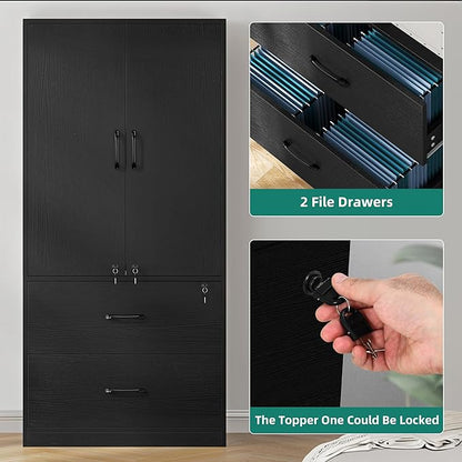 YITAHOME Wood File Cabinets, Heavy Duty Garage Tool Cabinets with Doors & Adjustable Shelves, Big Storage Filing Lockers for Home Office, Living Room, Pantry, Gym, Basement, Warehouse, Black