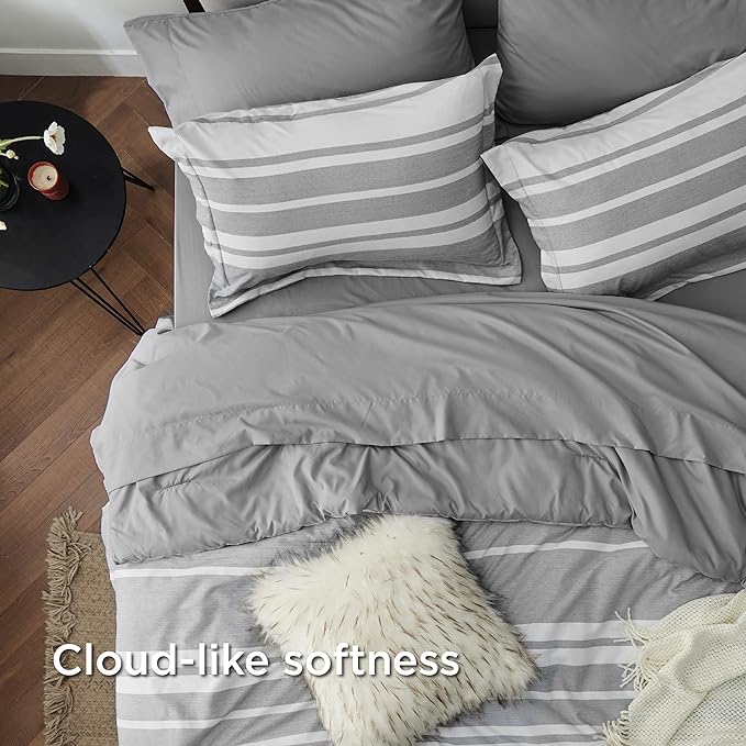 Bedsure King Size Comforter Set - 7 Pieces King Bedding Sets All Season Bed Set, Grey White Striped Bed in a Bag with Comforter, Sheets, Pillowcases & Shams