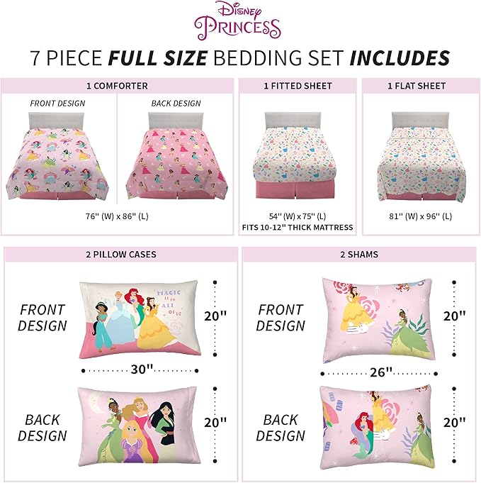 Disney Princess Kids Bedding Super Soft Comforter and Sheet Set with Sham, 7 Piece Full Size, "Official" Disney Product By Franco (PRINTS MAY VARY)