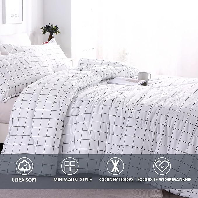 Andency White Grid Comforter Set Full Size (79x90 Inch), 3 Pieces(1 Grid Comforter and 2 Pillowcases), Summer Lightweight Microfiber Down Alternative White Comforter with Black Lines