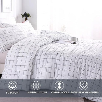 Andency White Grid Comforter Set Full Size (79x90 Inch), 3 Pieces(1 Grid Comforter and 2 Pillowcases), Summer Lightweight Microfiber Down Alternative White Comforter with Black Lines