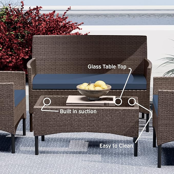 Nestl Outdoor Patio Furniture Sofas, Standard, Brown Base/Navy Blue Cushions