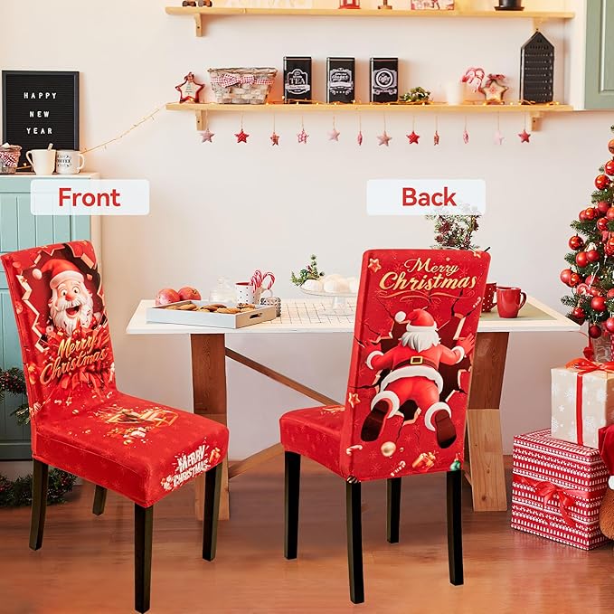6PCS Christmas Dining Chair Covers Stretch Removable Washable Dining Room Chair Protector Slipcover 3D Print Santa Claus Deer Kitchen Chair Cover Slipcovers Protector for Xmas Holiday Party Home Décor